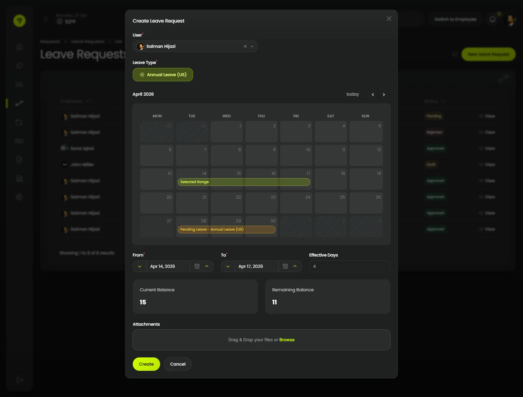 Modal with form and calendar (dark)