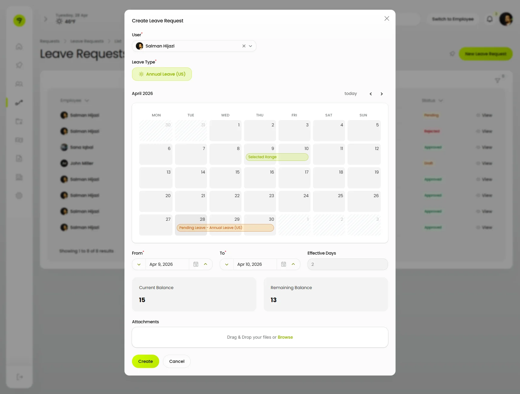 Modal with form and calendar (light)