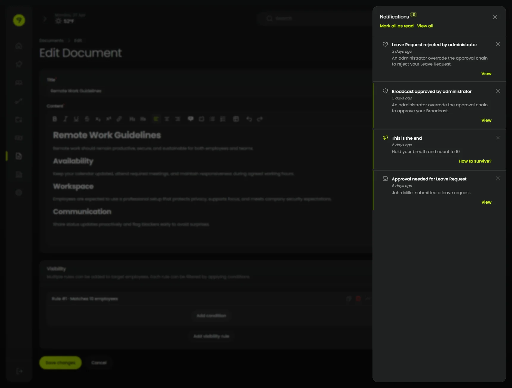 Database notifications panel