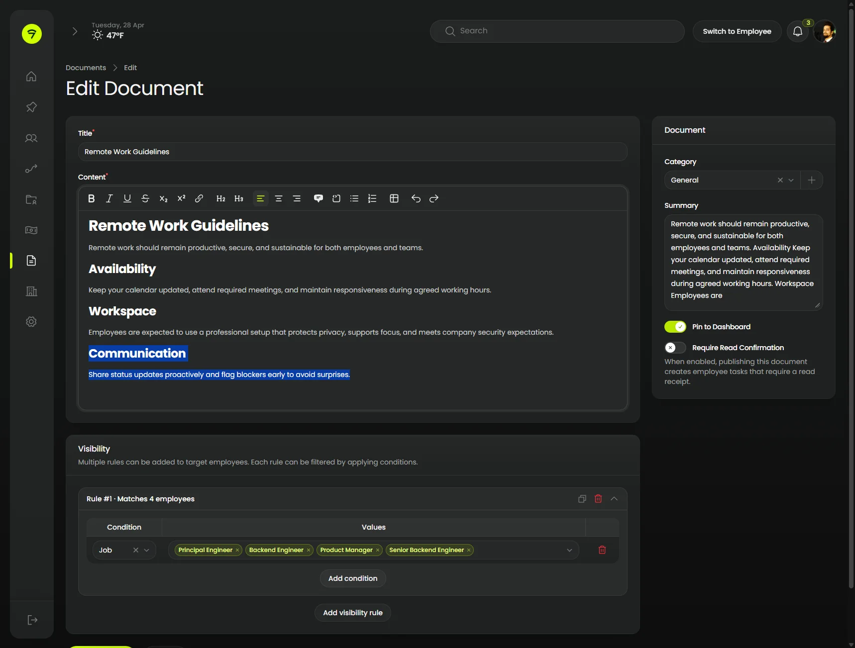 Edit form with rich editor and aside (dark)