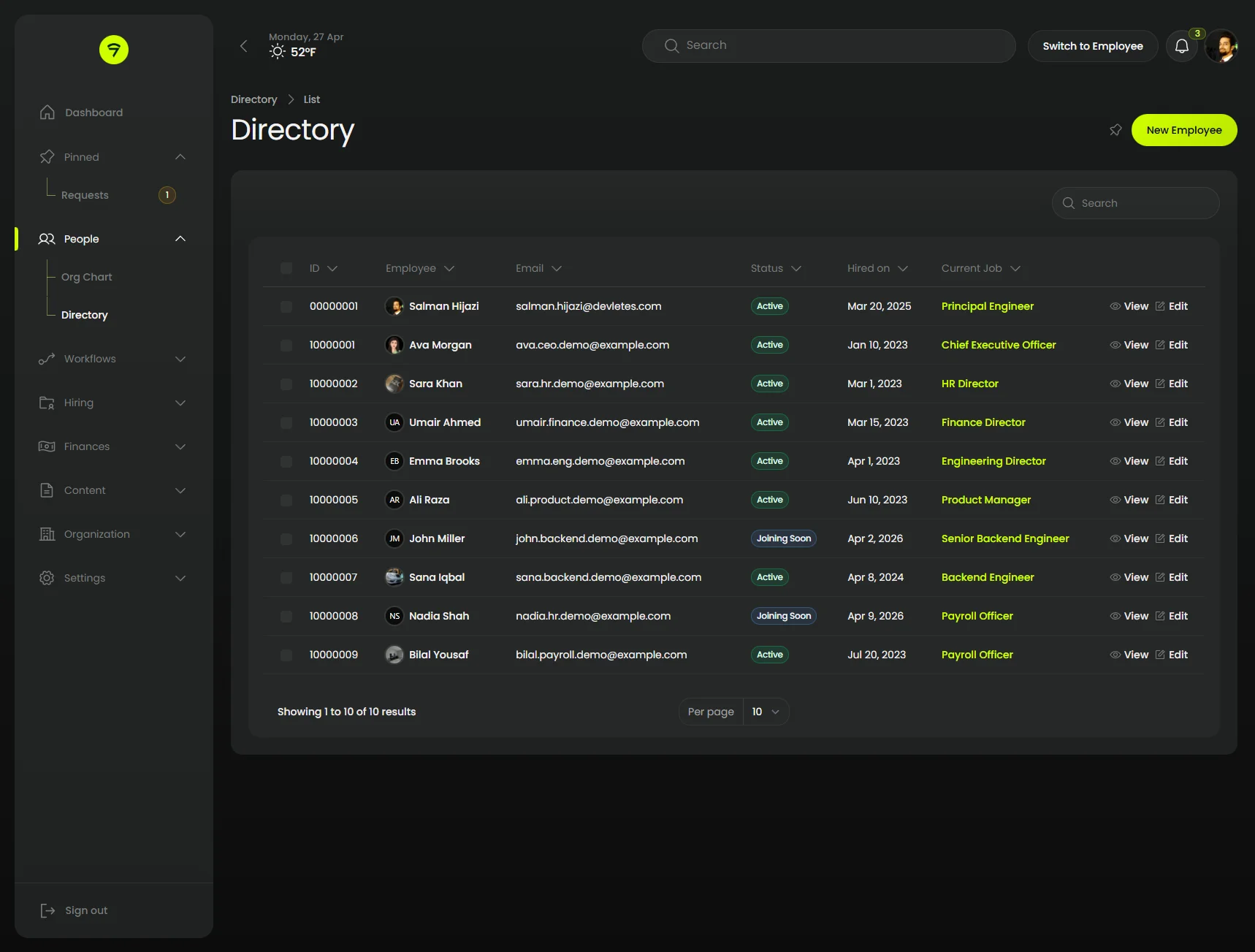 Resource table with expanded sidebar (dark)