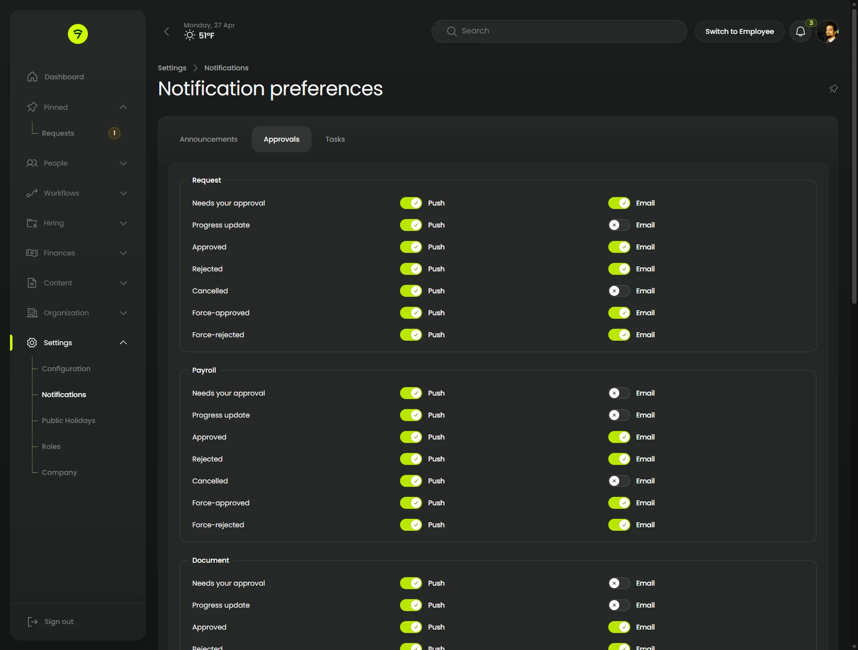 Notification preferences with toggles, contained tabs, and expanded sub-nav