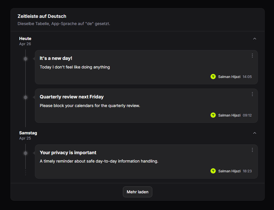 German locale timeline, dark mode