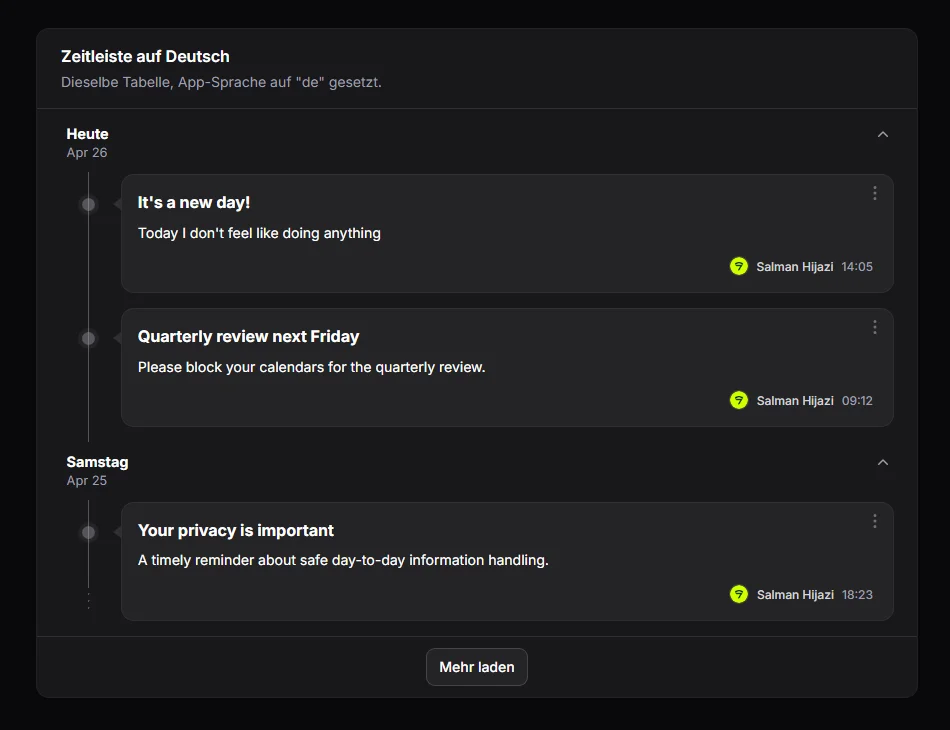 German locale timeline, dark mode