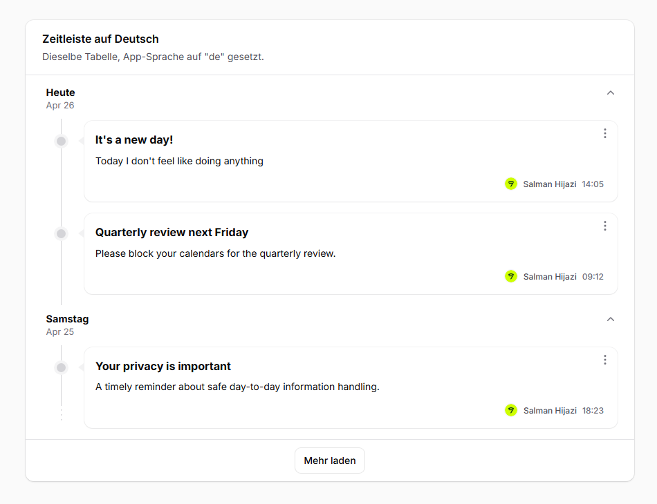 German locale timeline, light mode